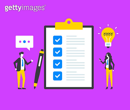 Checklist. People and clipboard with check list. Business report ...