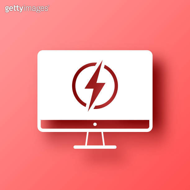 Desktop computer with electricity symbol. Icon on Red background with shadow 이미지 (1449013676