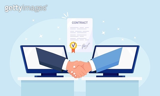 Virtual deal with distant agreement. Businessmen shake hands through ...
