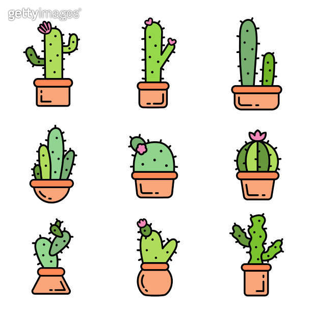 Set of illustrations of cute doodle cactus in pots. Cacti stickers set ...