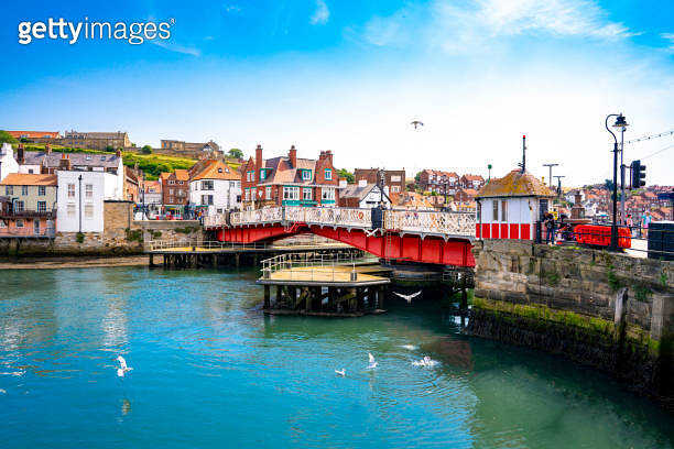 Whitby skyline and swing bridge over river Esk UK in Scarborough ...