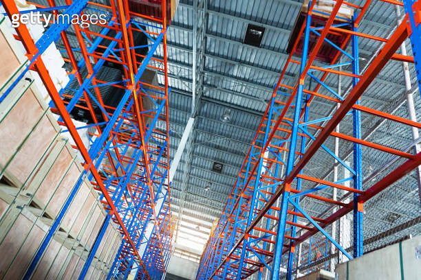 Tall Racks Distribution Interior of Empty Storage Warehouse. Racks Pallets Shelves. Metal ...