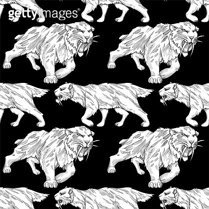 Repeated seamless pattern of a graphic saber-toothed cat. 이미지 ...