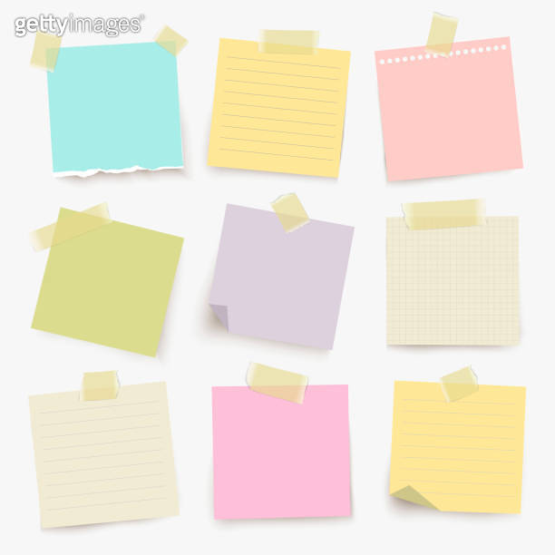 Set of color vector note papers with yellow ahesive tape. 이미지 ...