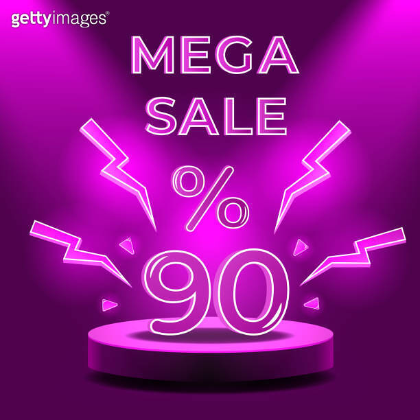 Purple podium with neon elements, 90 percent discount and mega sale