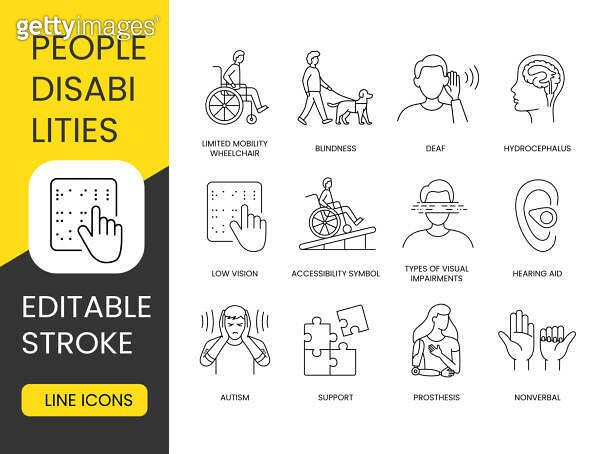 Talking Disability Icon Set of vector linear icons of people with disabilities. These editable ...