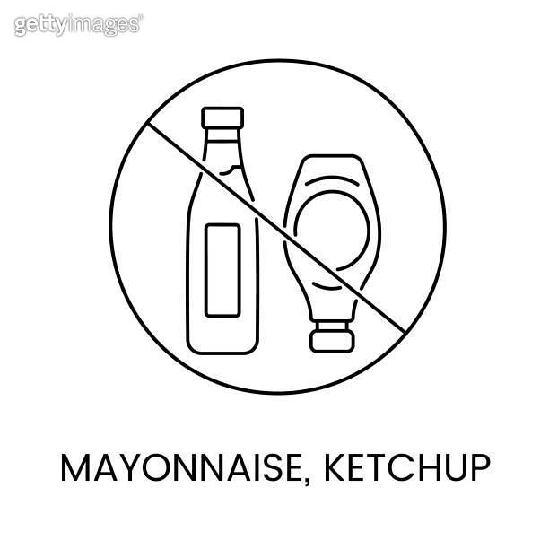 Mayonnaise and ketchup, harmful and forbidden food in a diet, line icon