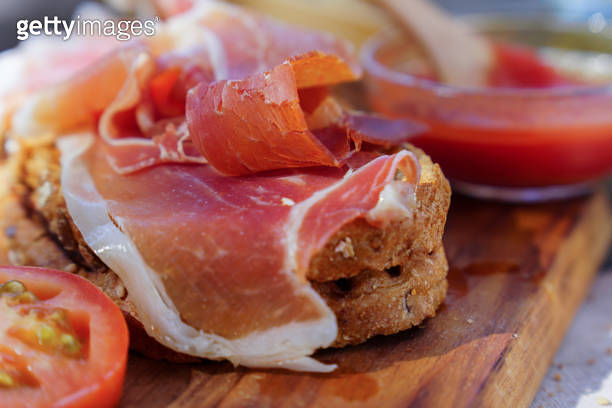 close-up of a typical Spanish toast with acorn-fed iberian ham and