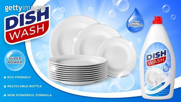 Dishwashing liquid soap product. Realistic cleat white plates and ...