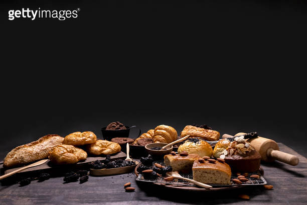 Rustic style bakery with whole grain bun, bread and cookies with ...