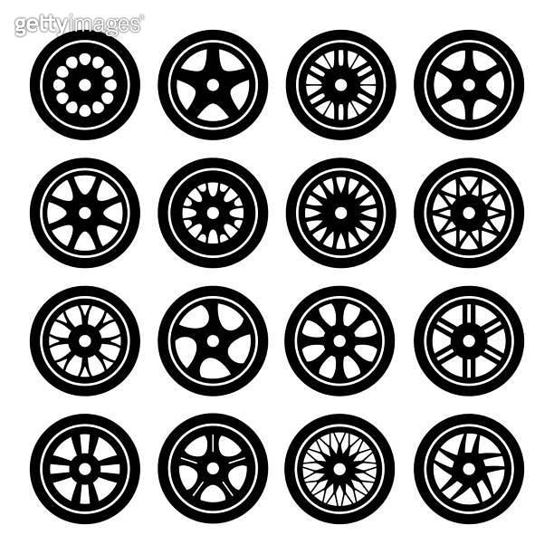 Car wheel rims icons set. Automobile and other vehicle spare parts disc ...