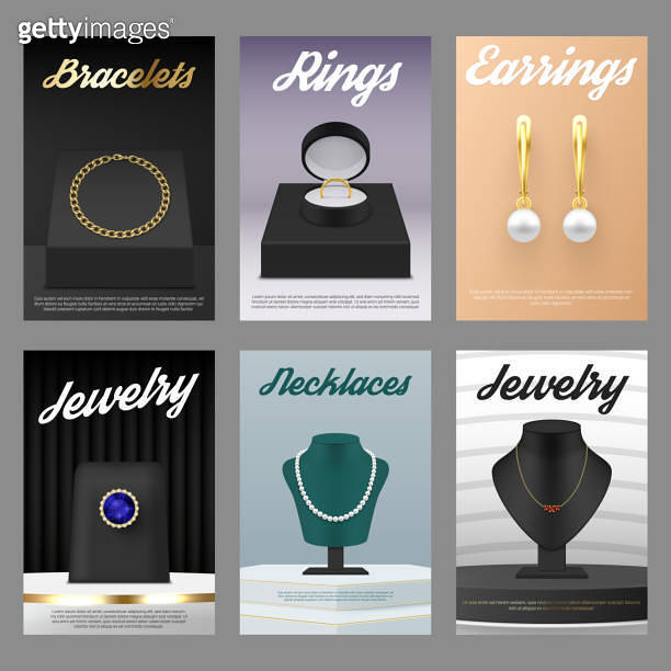 Jewelry creative promotion poster set with golden necklace ring and