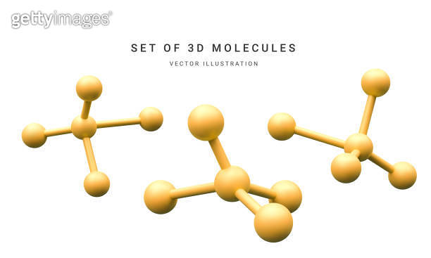 Set of 3d realistic abstract gold molecules isolated on white ...