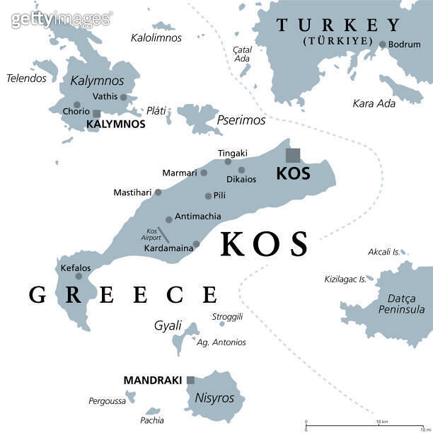 Kos or Cos, Greek island, part of Dodecanese Islands, gray political ...
