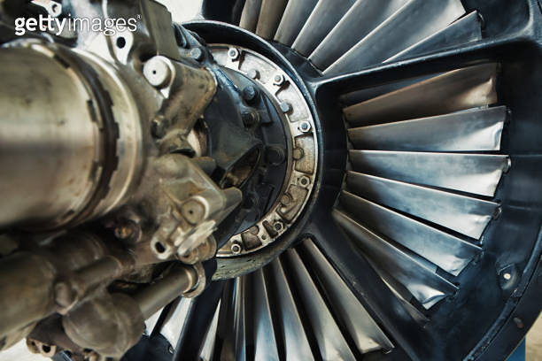 Close-up detail of a jet turbine engine - inner workings of a ...