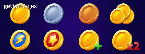 Gold coins icons, tokens for game ui interface 이미지 (1468858932) - 게티이미지뱅크