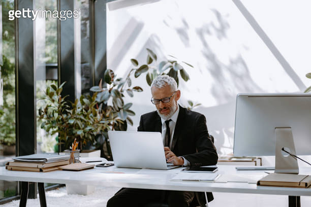 Concentrated mature businessman using computer while working in the ...