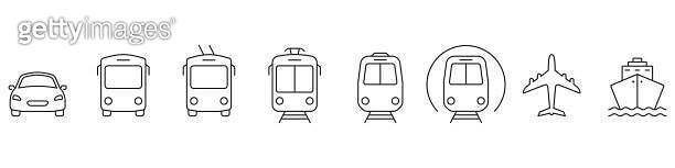 Vehicle Transport Line Icon Set. Bus, Car, Train, Plane, Ship, Bike ...