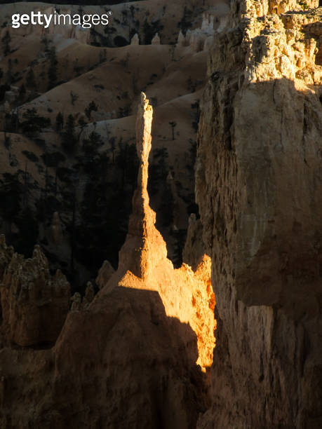 A thin Rock spire, in the golden light of the late afternoon in Bryce ...