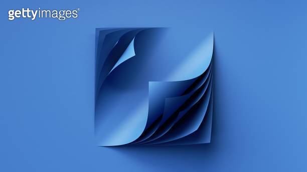 3d render, abstract blue background with sticker paper sheets, curly ...