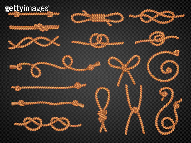 Rope with knot. Realistic marine rope curved shapes different pieces ...
