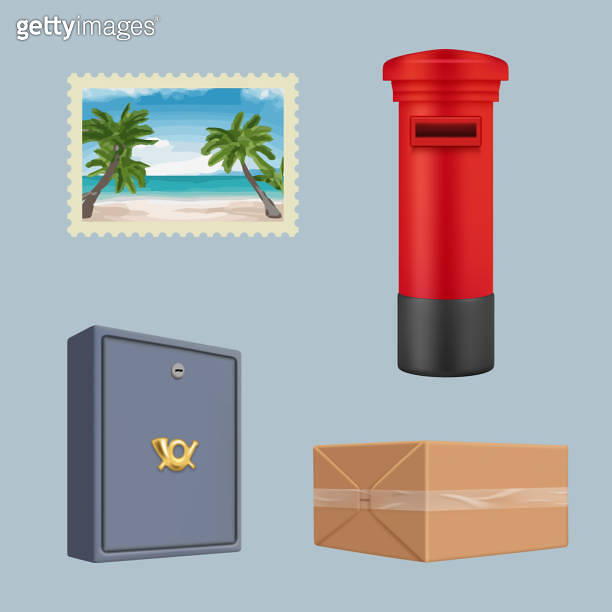 Post office tools. Envelopes boxes wax stamp post packages decent