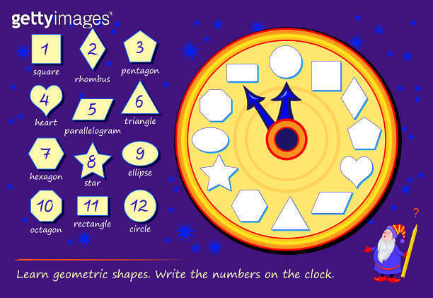 Clock Shape Game Educational page for little children. Learn geometric shapes. Write the ...