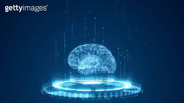 Blue digital brain logo and circle futuristic HUD with Ai chatbot and ...
