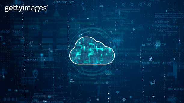Blue digital cloud computing logo and futuristic circle HUD with big ...