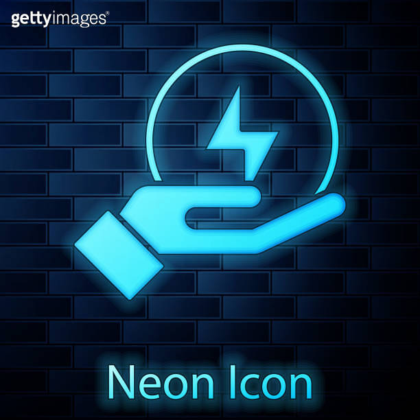 Glowing neon Lightning bolt icon isolated on brick wall background ...