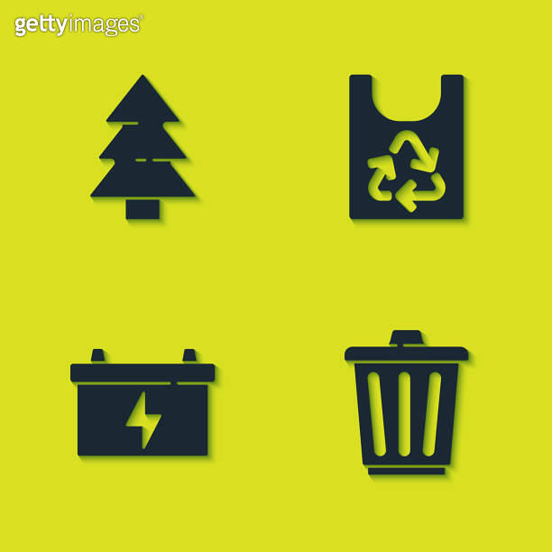 Set Christmas tree, Trash can, Car battery and Plastic bag with recycle