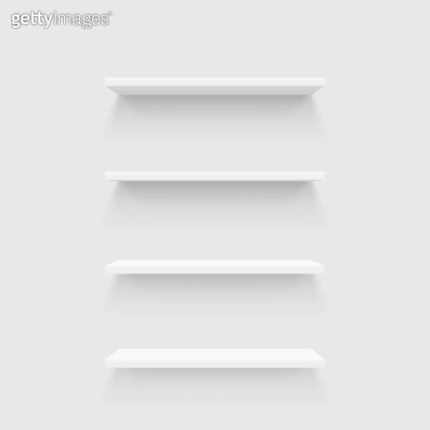 white shelves in set on white wall 이미지 (1766740161) 게티이미지뱅크