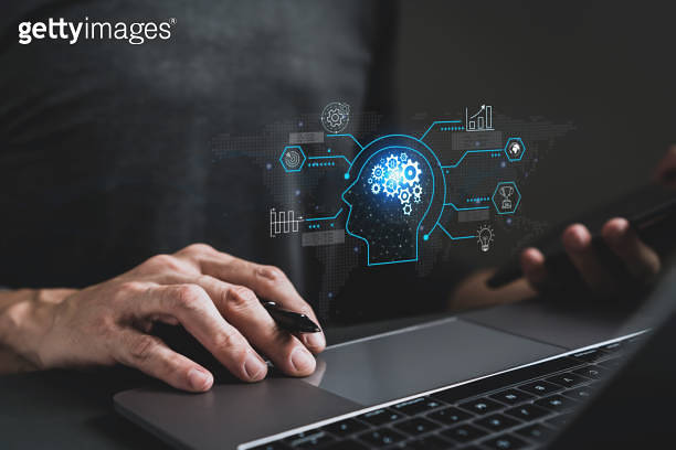 Businessperson using laptop for online working via internet. Digital ...