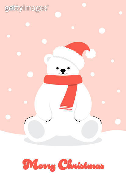 Christmas vector background with a polar bear with santa hat in snow