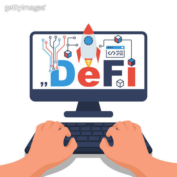 Defi concept. Developer with laptop working on a project. Vector 이미지 ...