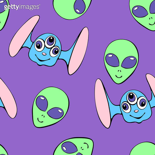 Seamless pattern with funny Aliens heads in doodle flat style ...