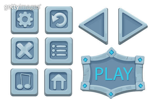 Set menu ui buttons on stone block in comic cartoon style, game design ...