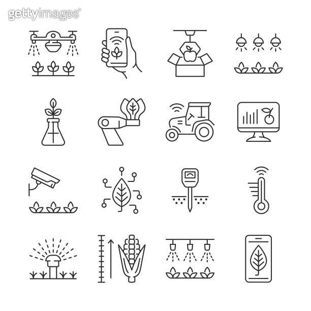 Smart farming line icon set. Vector collection with tractor, watering