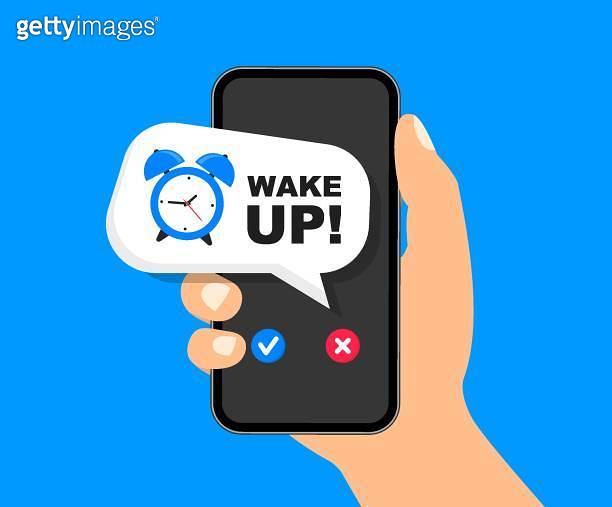 Alarm clock app on a mobile phone. Smart phone alarm clock. Wake up