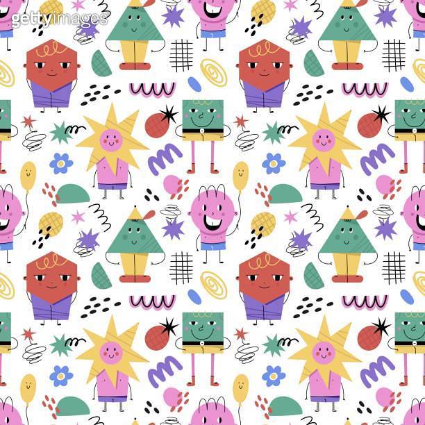 Abstract geometric characters pattern. Basic figures, cute faces, legs ...