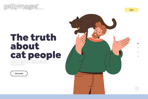 Landing page design template with happy man cat owner petting and ...
