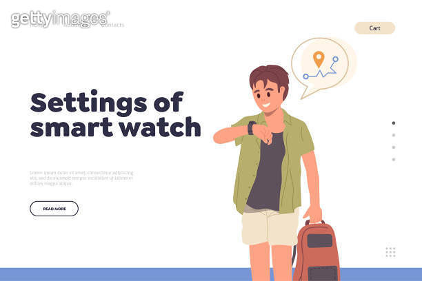 Setting of smart watch concept for landing page template with happy ...
