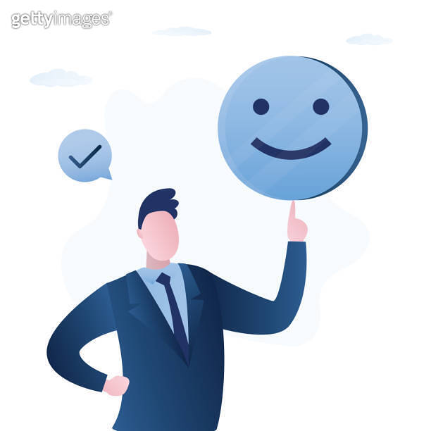 Businessman holds good mood icon on finger. Positive thinking, concept ...