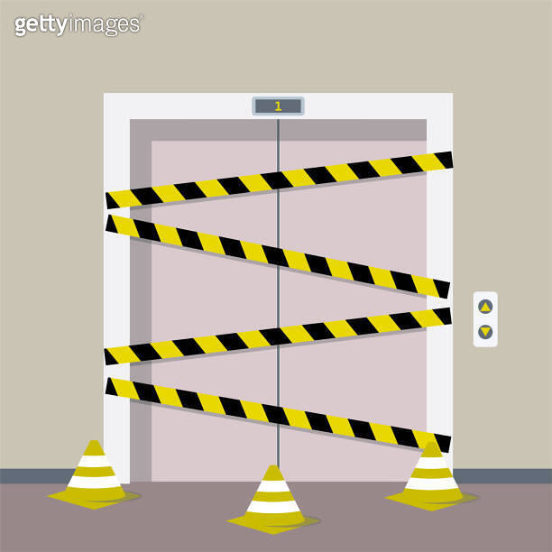 Elevator not working. Lift is peeled off with warning tapes, and there