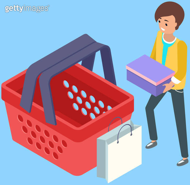 Man puts purchase in shopping cart. Food and shopping bag basket