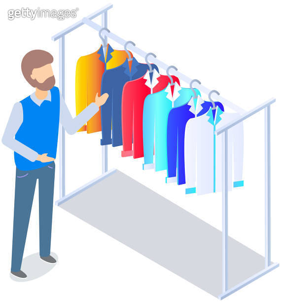 Choosing clothes in store, shopping concept. Male buyer chooses