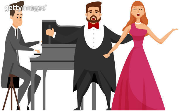 Opera singers and musician pianist at piano on stage. Evening show of ...