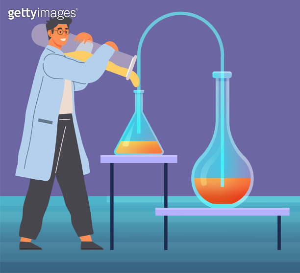 Scientist conducts experiments and liquid research in lab. Chemical