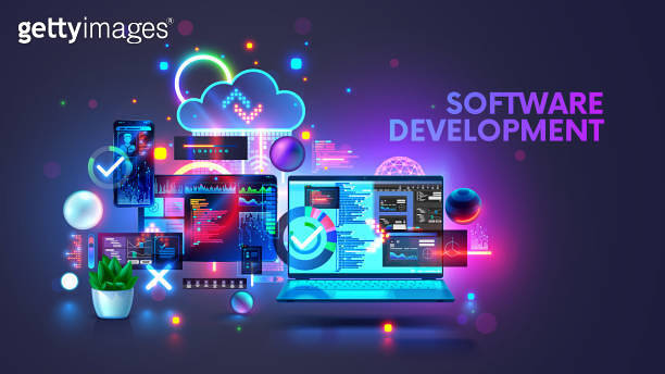 Software development coding process concept. Programming, testing cross ...