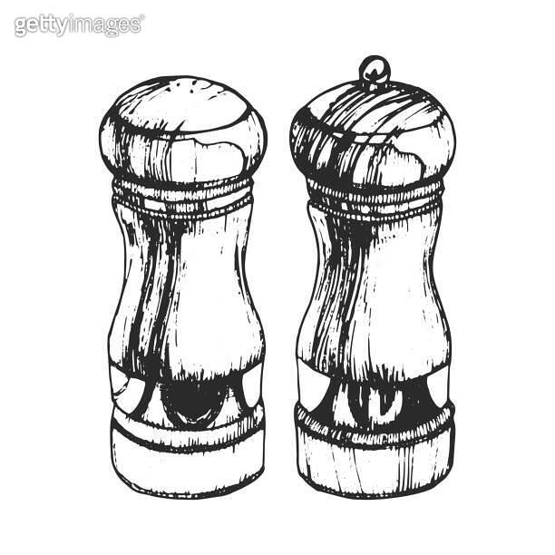 Handdrawn illustration of Salt and Pepper Mills. Kitchen Tools. Vector